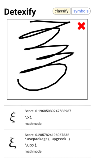 Ein hässlicher, mit Hand "geschriebener" Wirbelsturm in einem Symbolerkennungsprogramm. Er wurde als griechischer Buchstabe Xi erkannt.