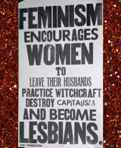Text says feminism encourages women to leave their husbands practice witchcraft destroy capitalism and become lesbians