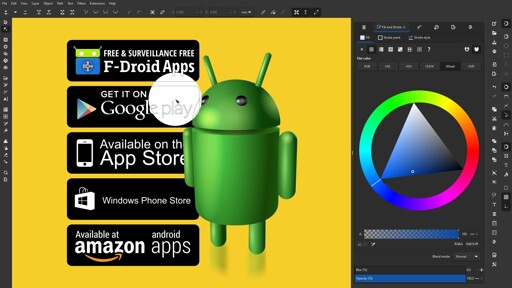 Vector illustration of the green android robot in front of App store buttons on a yellow background.
Made with Inkscape