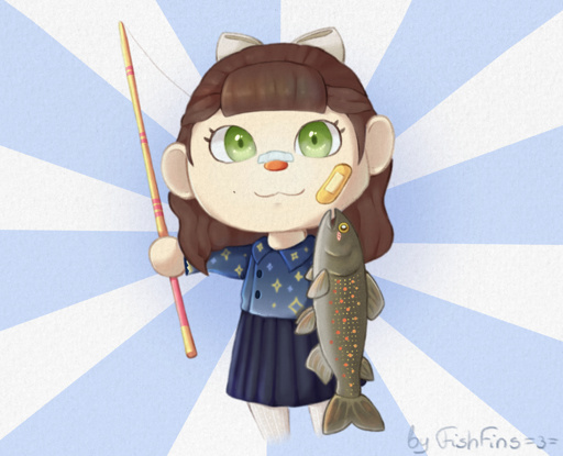 Art depicting an Animal Crossing player holding a fishing rod with pink stripes in their right hand and showing off a char fish in the right hand. The character has big green eyes and bandages on their face. Their hair is brown and wavy, adorned with a creamy-white bow at the top of the back. They are smiling at the viewer. The background is white and blue in a sun ray pattern. The whole picture has a paper texture.