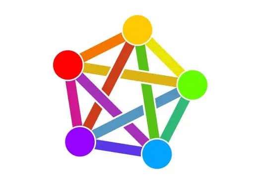 Das Fediverse-Logo - fünf mit Linien verbundene Kreise, die alle in unterschiedlichen Farben gehalten sind.