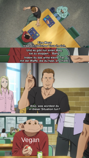 Das Bild ist ein Clip vom Anime ,,The Darwin Incident", in dem ein Typ einen Vegan fragt: ,,Eine Maus traegt ein toedliches Virus in sich, und es gibt nur einem Weg, sie zu stoppen... Bang! Indem du das arme kleine Tier mit der Waffe, die du hast, erschiesst. Also, was wuerdest du in dieser Situation tun?''