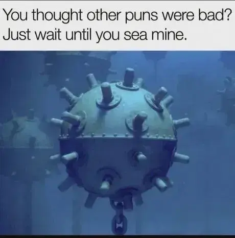 "You thought other puns were bad? Just wait until you sea mine." Picture of a sea mine