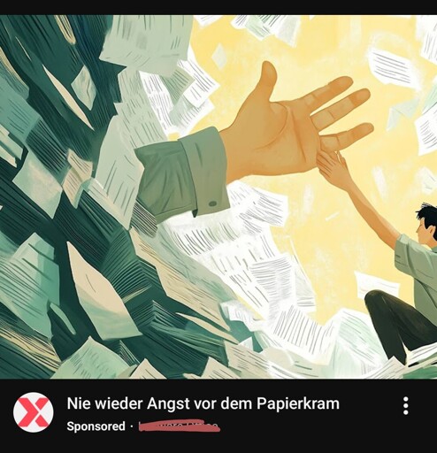Seltsame Werbung für Drucker oder so. Eine große Hand mit drei Fingern plus Daumen ragt aus einem Berg Papiere heraus und wird offenbar ge-hochfünft von einer kleinen Person. So interpretiere ich das zumindest.